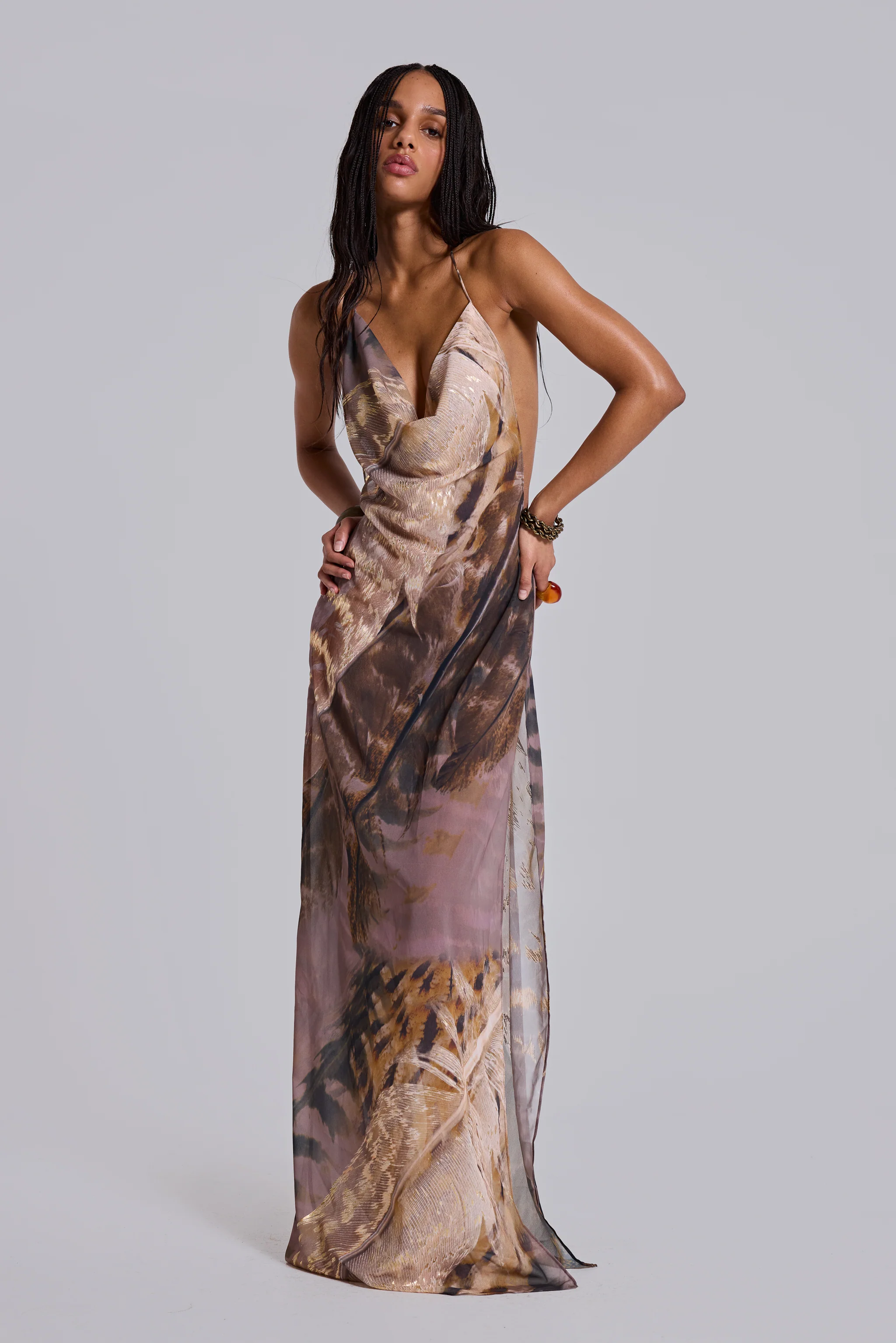 Alameda Metallic Cowl Backless Chiffon Maxi Dress - Image 3
