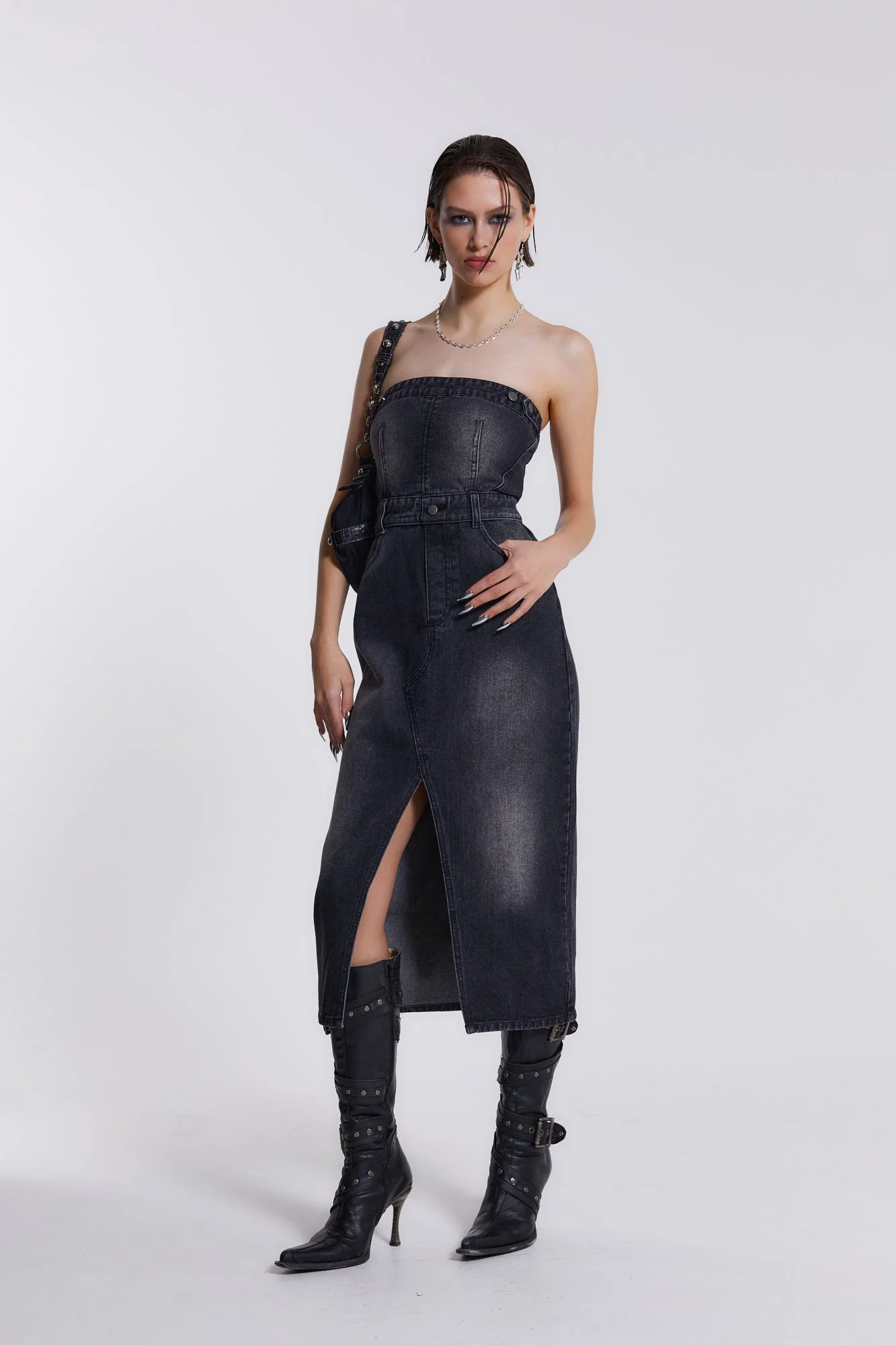 Liberty 2 In 1 Detachable Denim Black Midi Dress - Image 2
