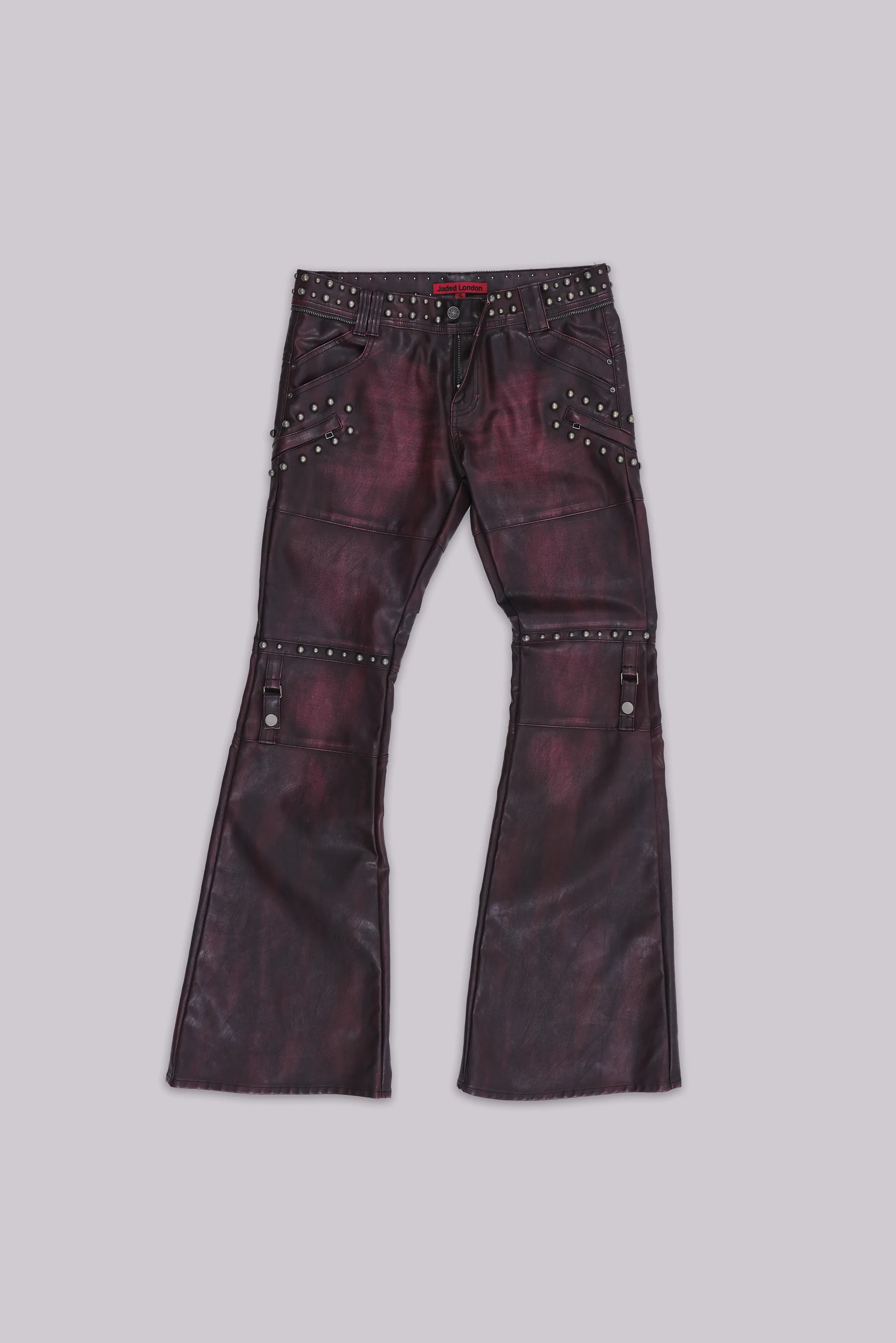 Burgundy Studded Faux Leather Drift Bootcut Trousers - Image 5