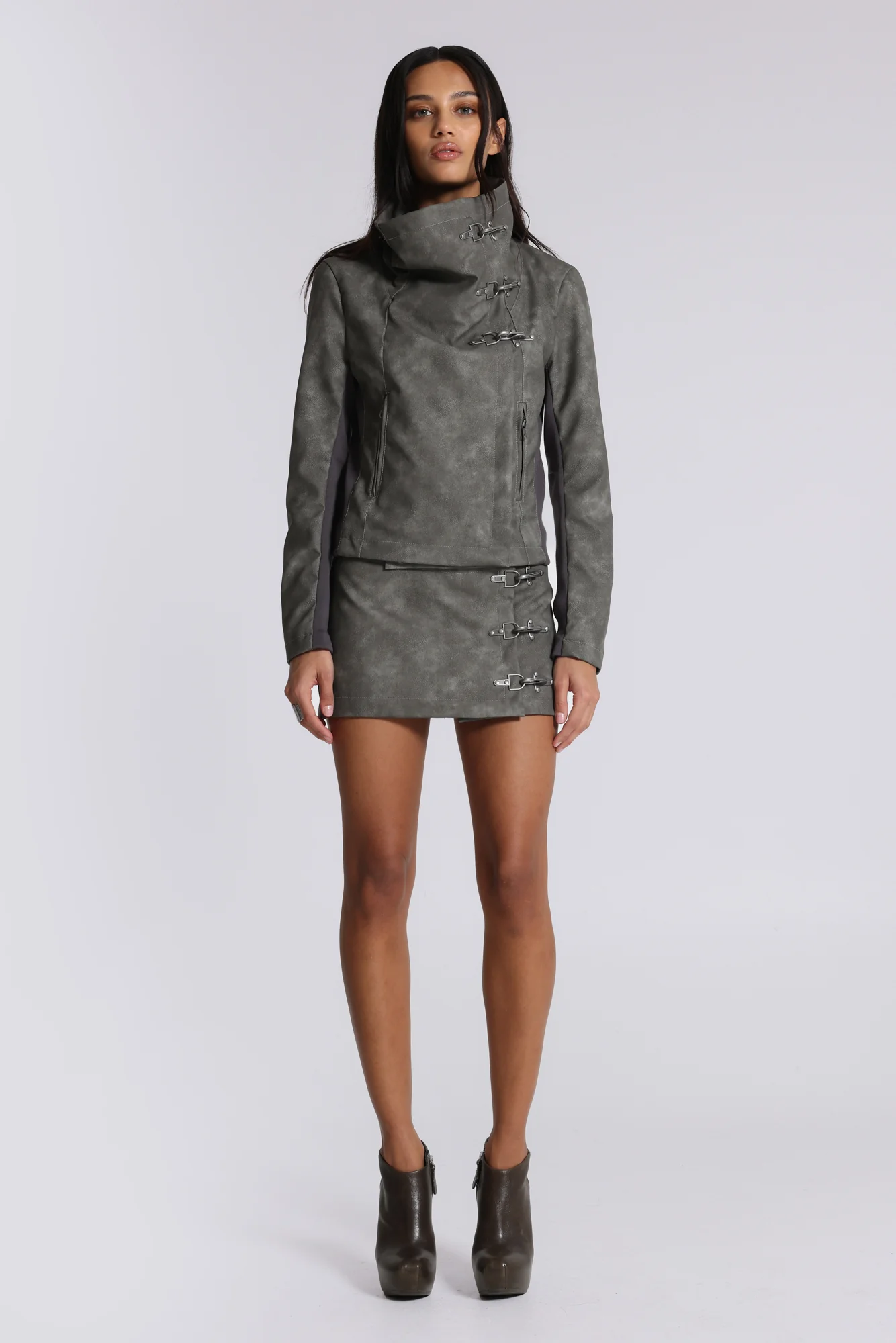Cera Clasp PU Leather Funnel Jacket - Image 11