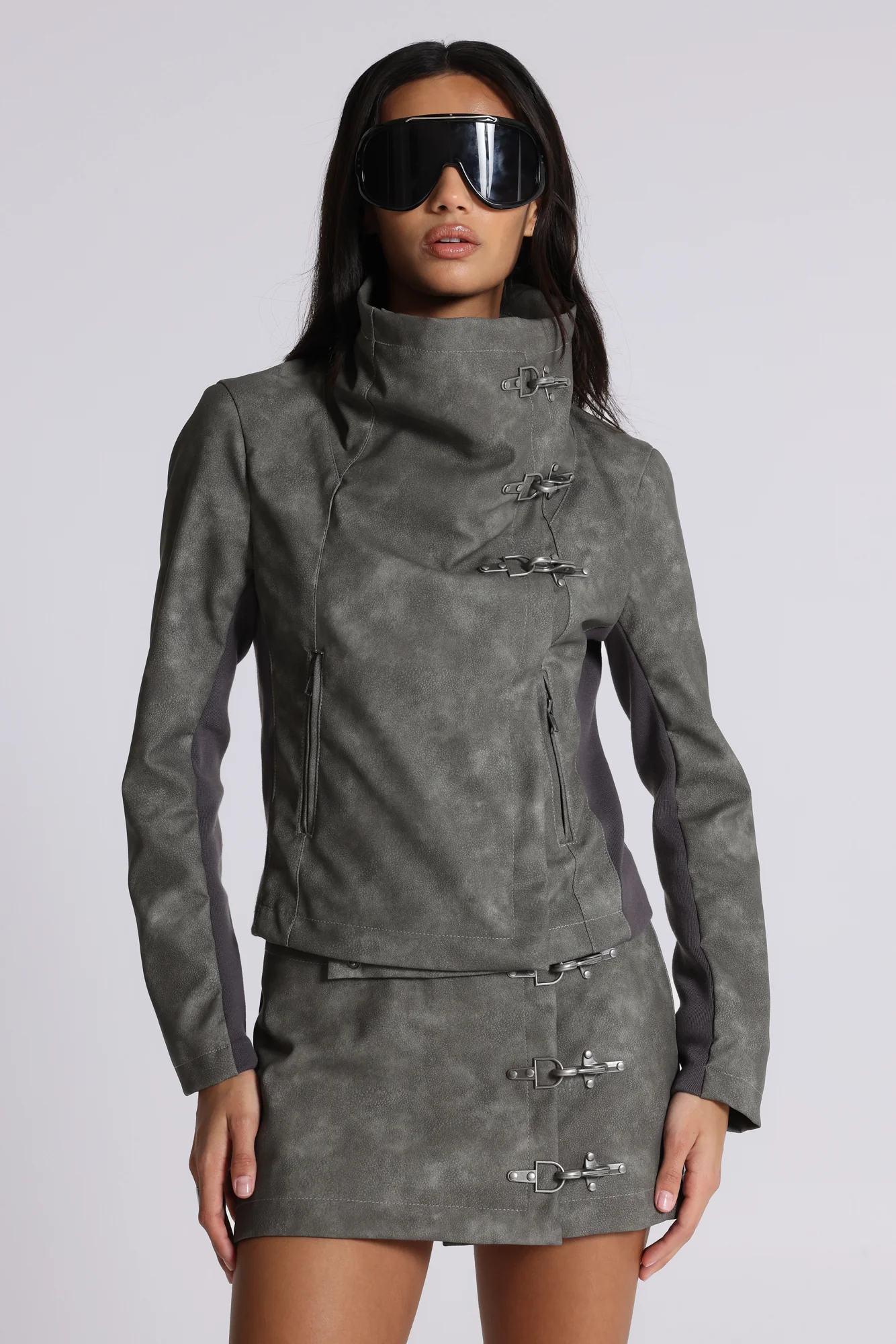 Cera Clasp PU Leather Funnel Jacket - Image 4