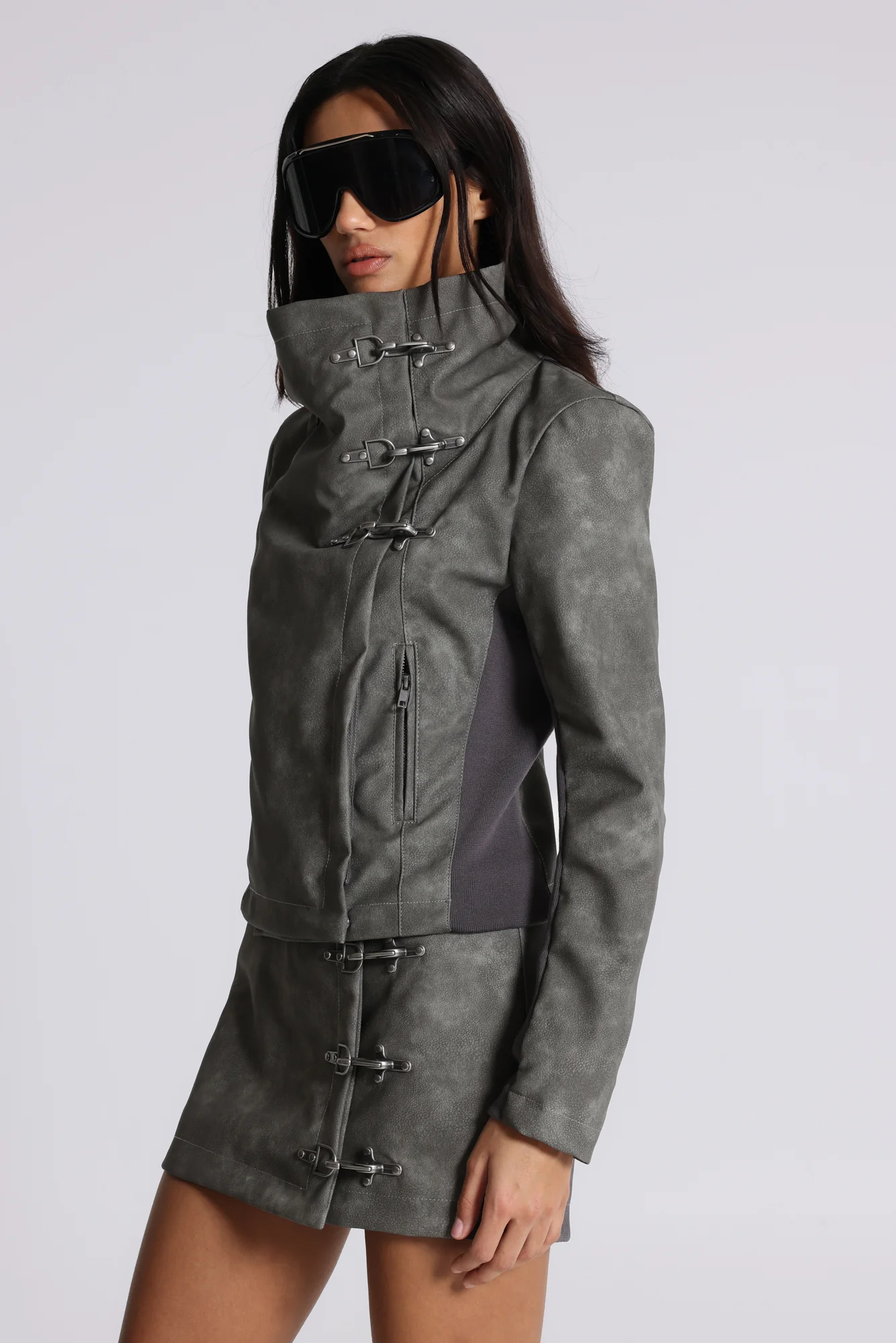 Cera Clasp PU Leather Funnel Jacket - Image 8
