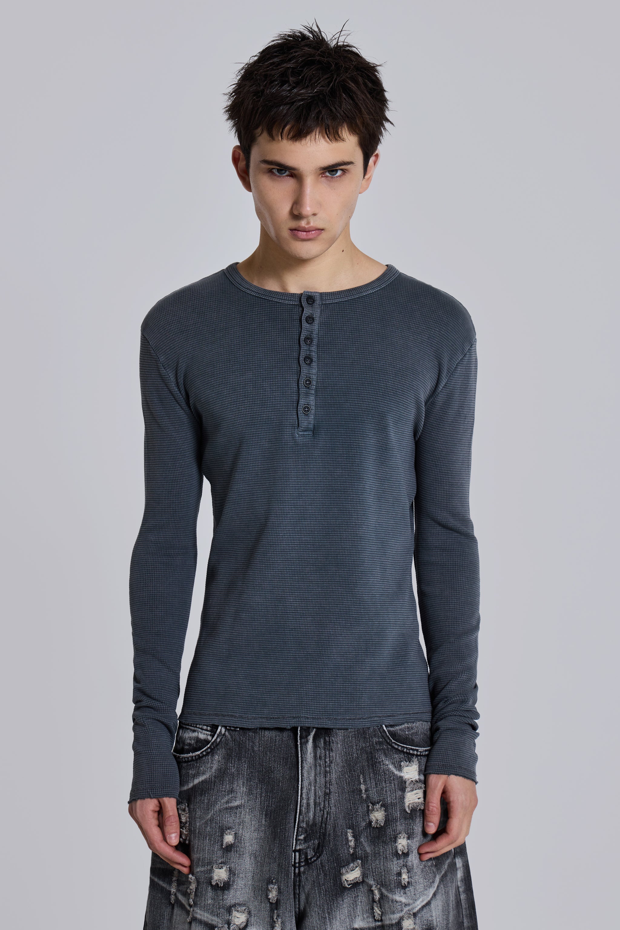 Charcoal Waffle Henley Top - Image 10
