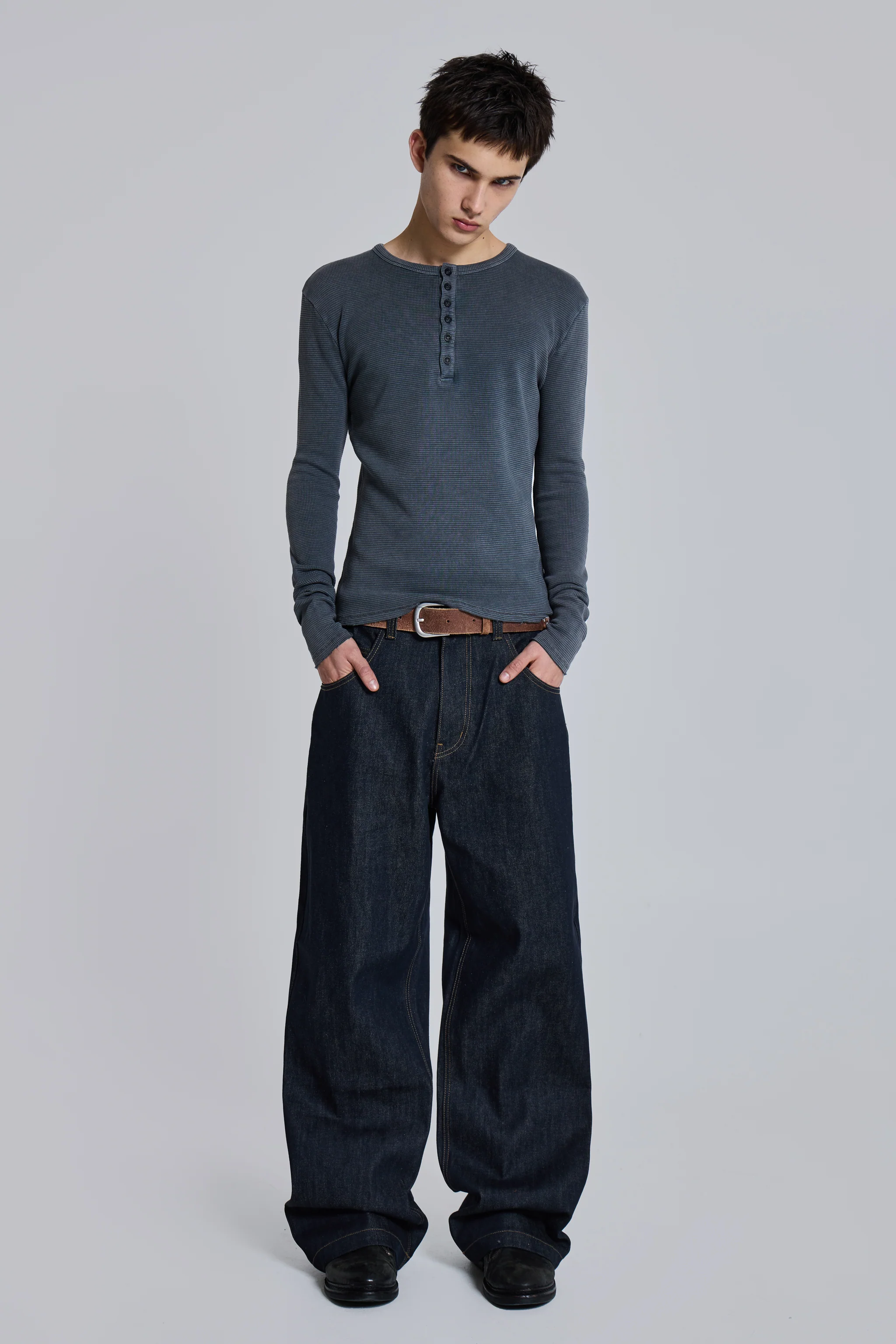 Charcoal Waffle Henley Top - Image 13