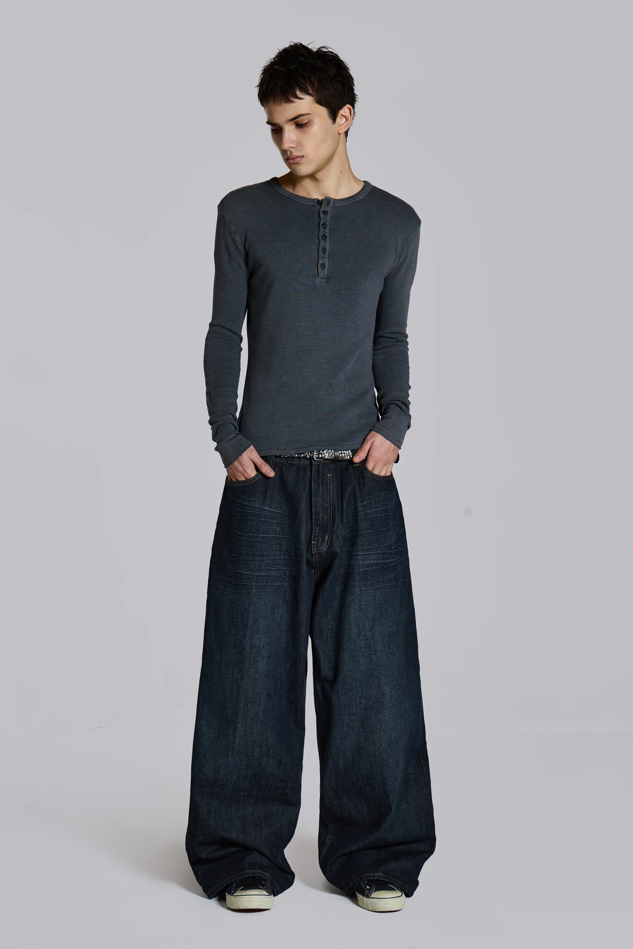 Charcoal Waffle Henley Top - Image 14