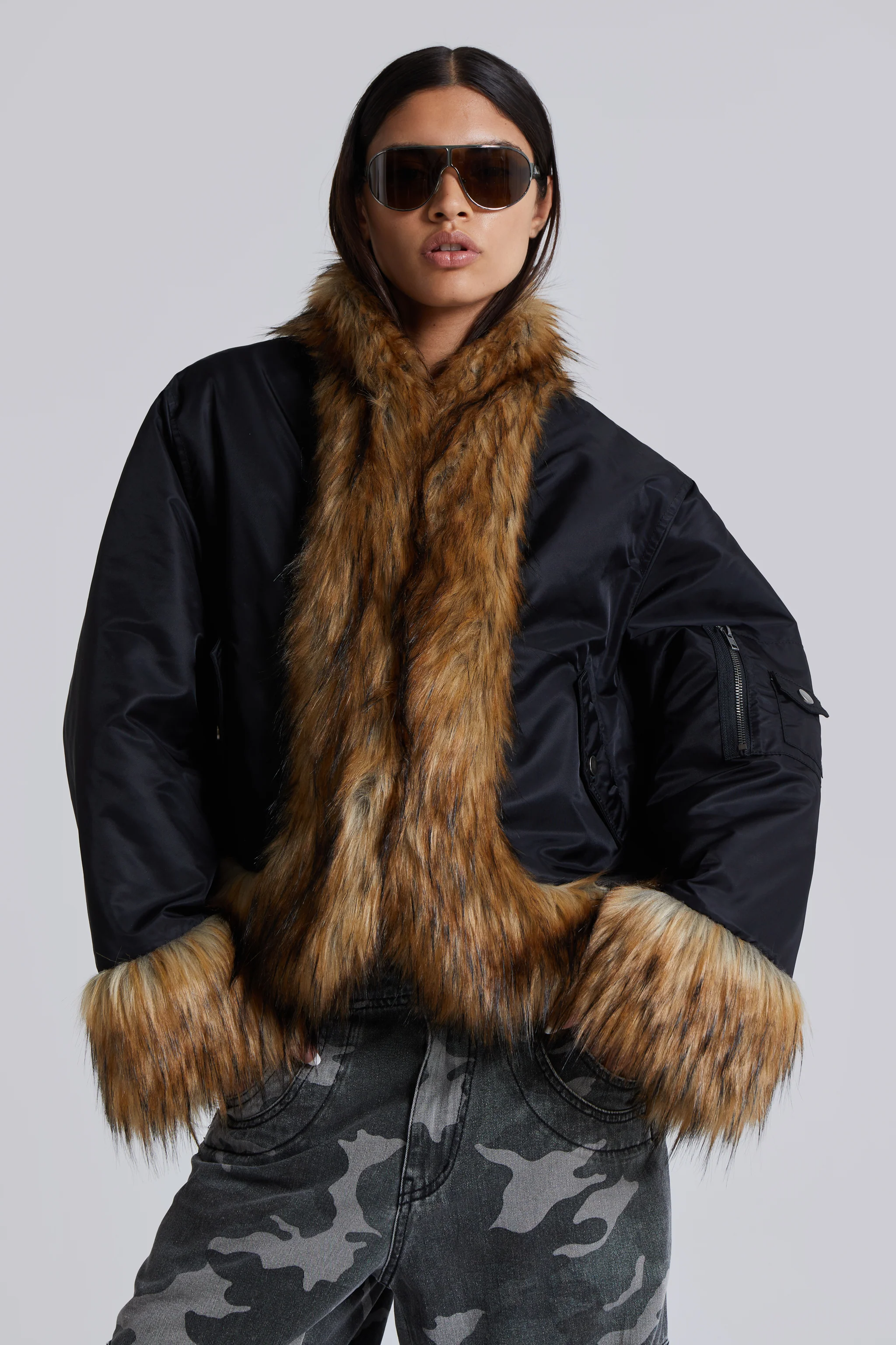 Evren Faux Fur Bomber Jacket in Black - Image 3