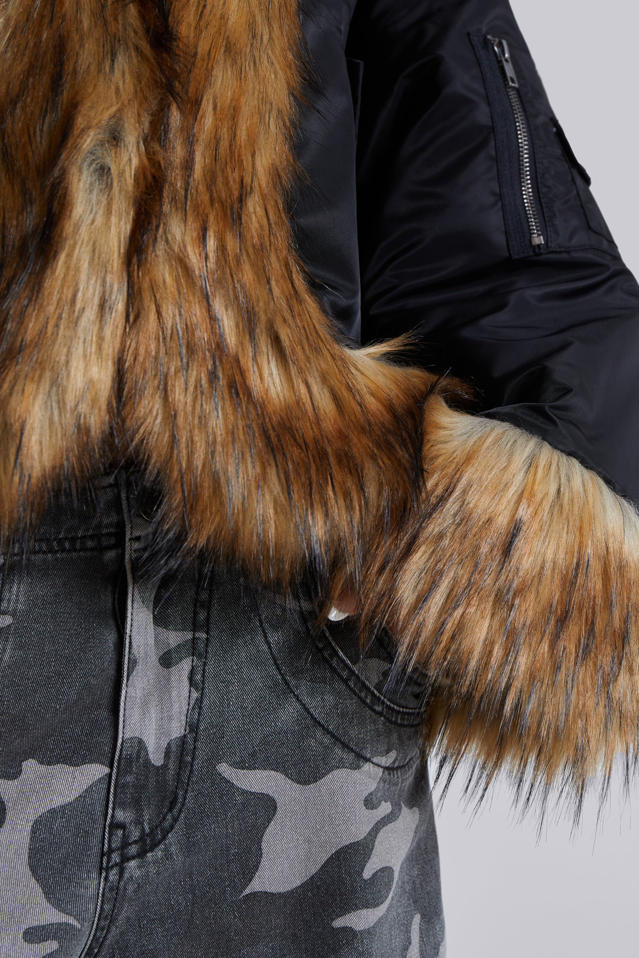 Evren Faux Fur Bomber Jacket in Black - Image 4