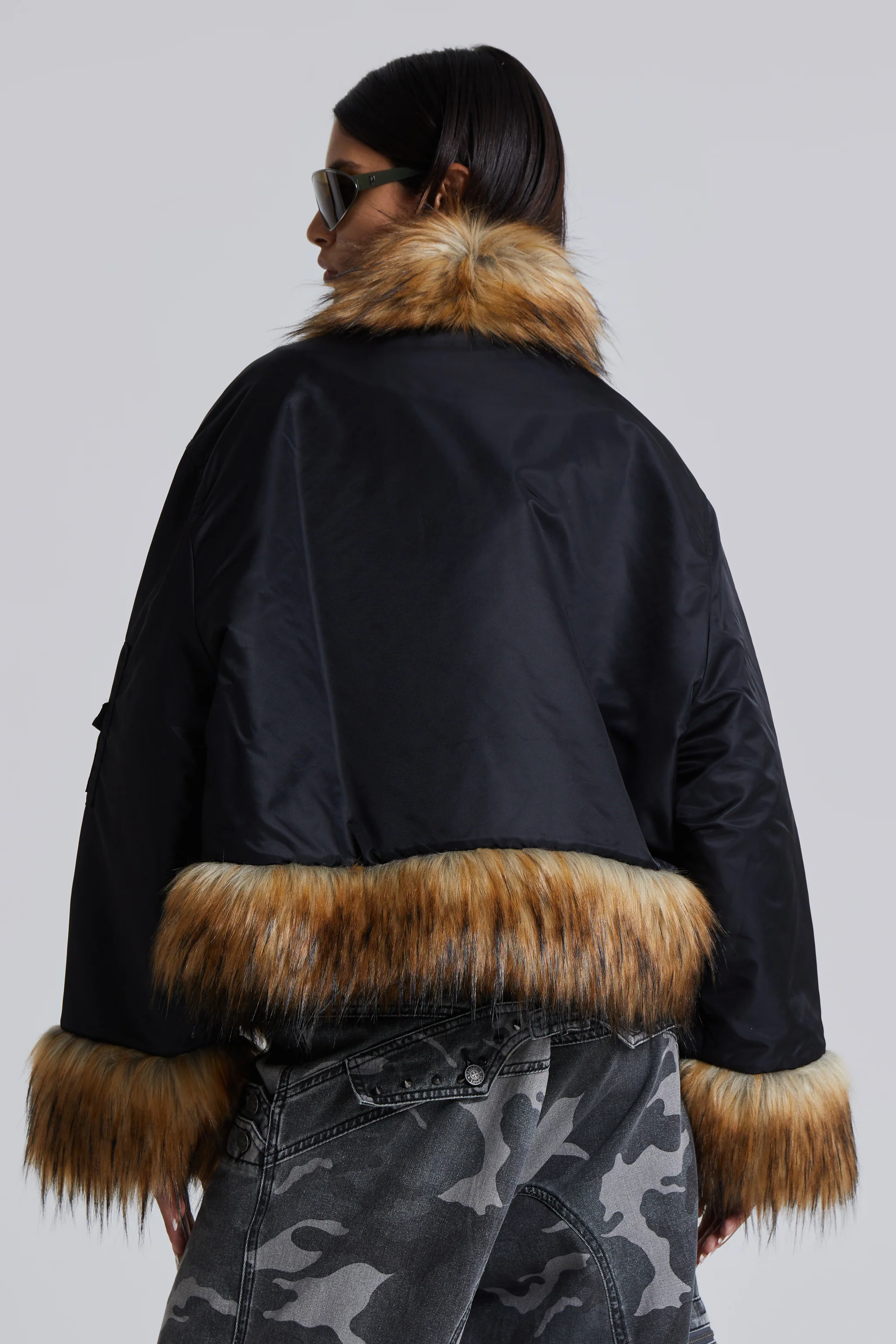 Evren Faux Fur Bomber Jacket in Black - Image 5