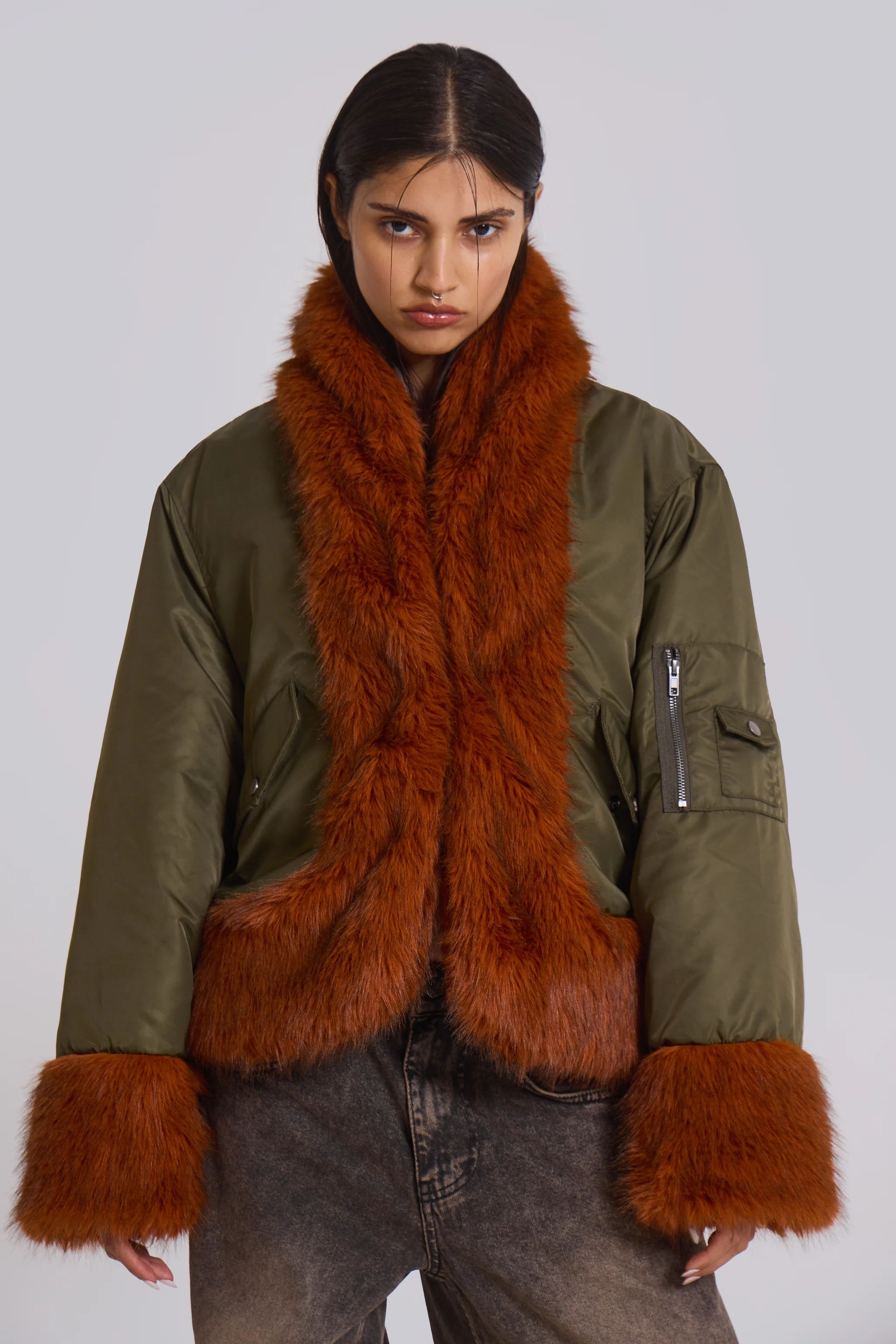 Evren Faux Fur Bomber Jacket in Khaki - Image 2