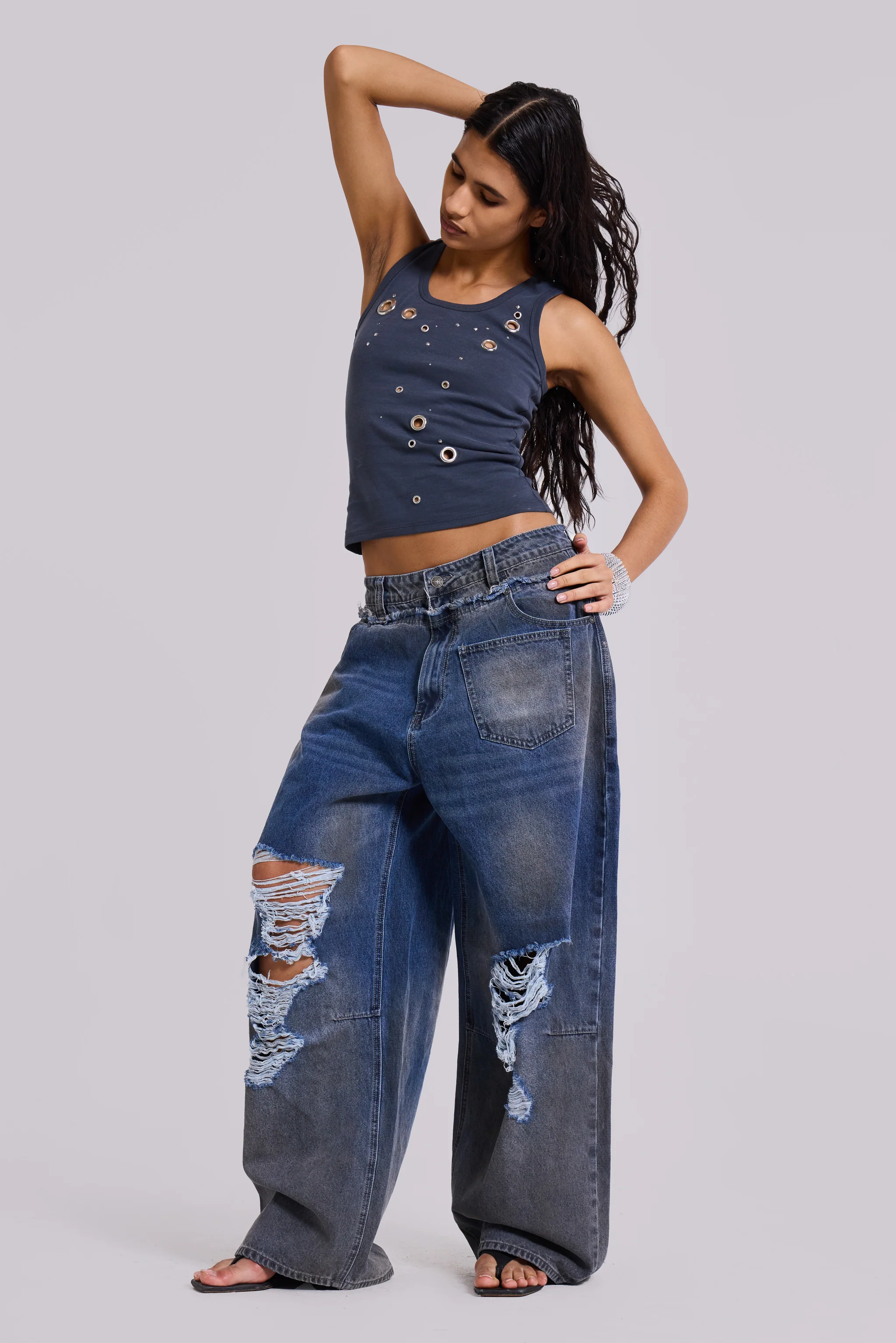 Eye Contact Vest Top With Eyelets in Grey - Image 8