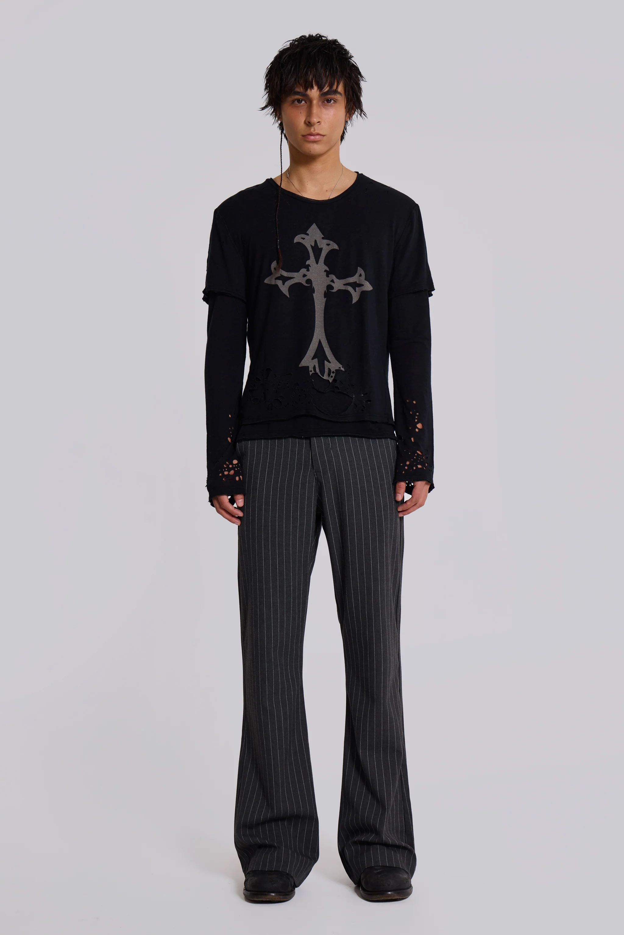 Grey Pinstripe Stacked Bootcut Suit Pants - Image 3