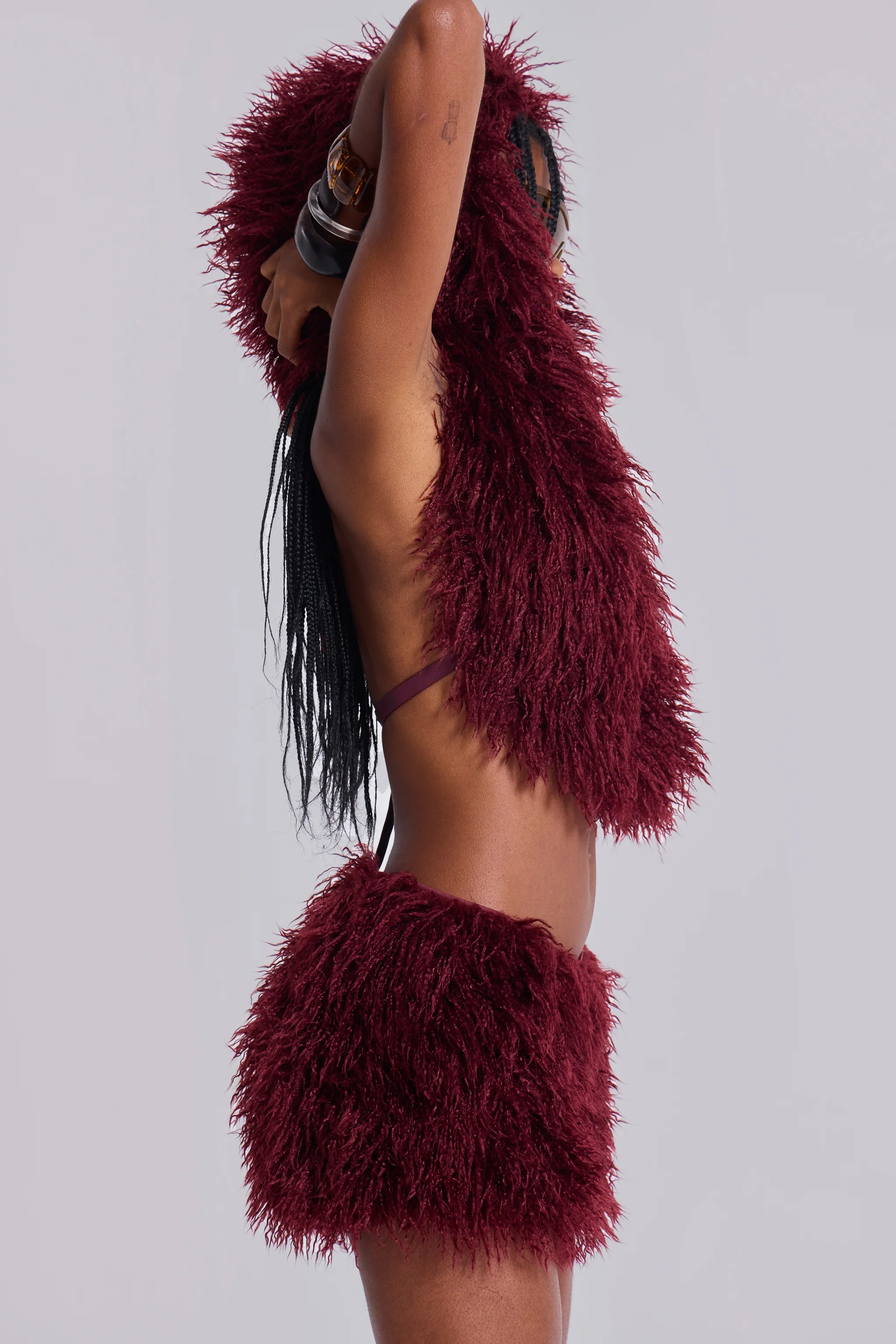 Haka Mongolian Faux Fur Backless Top in Wine - Image 5