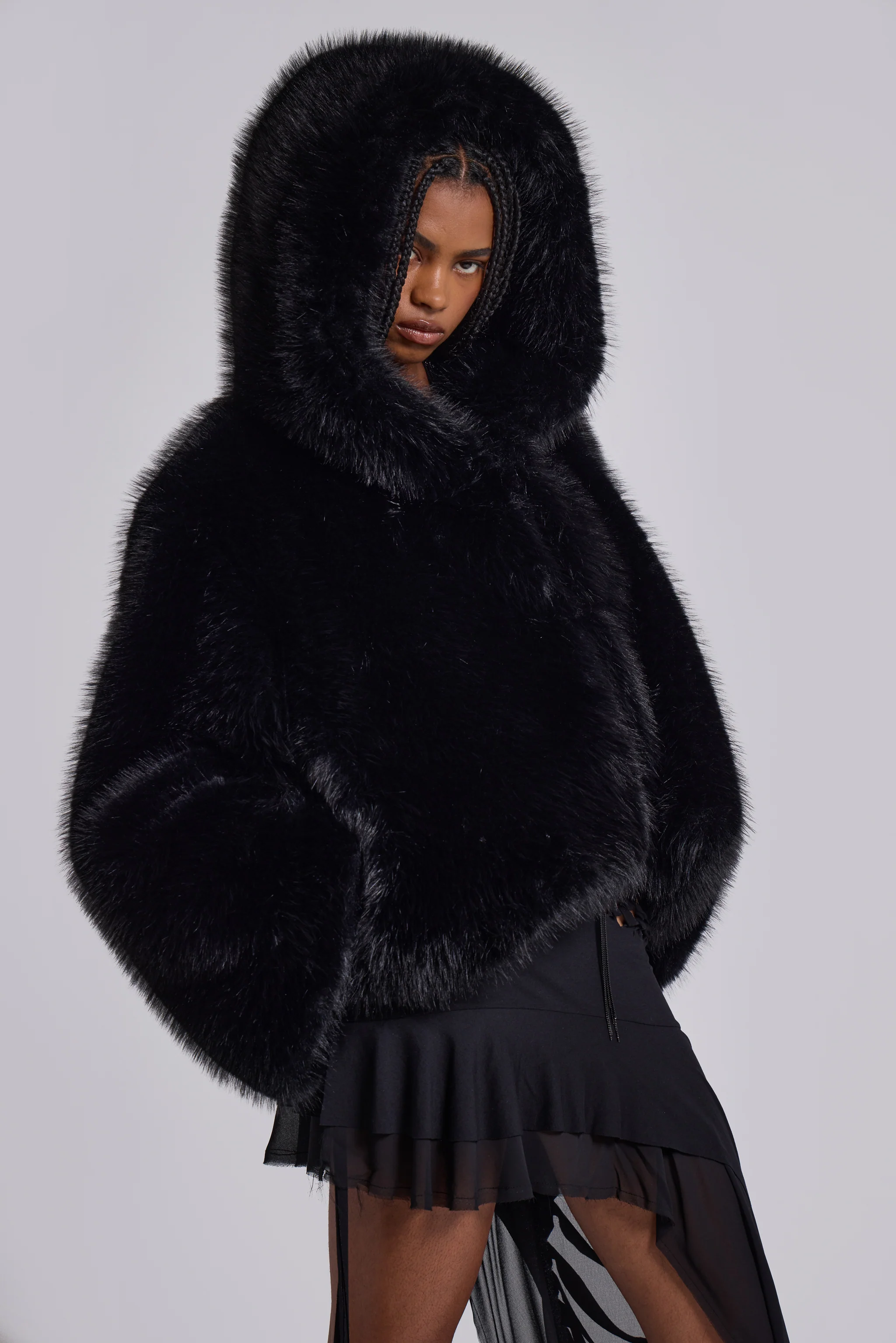 Mara Oversized Faux Fur Coat in Black - Image 4