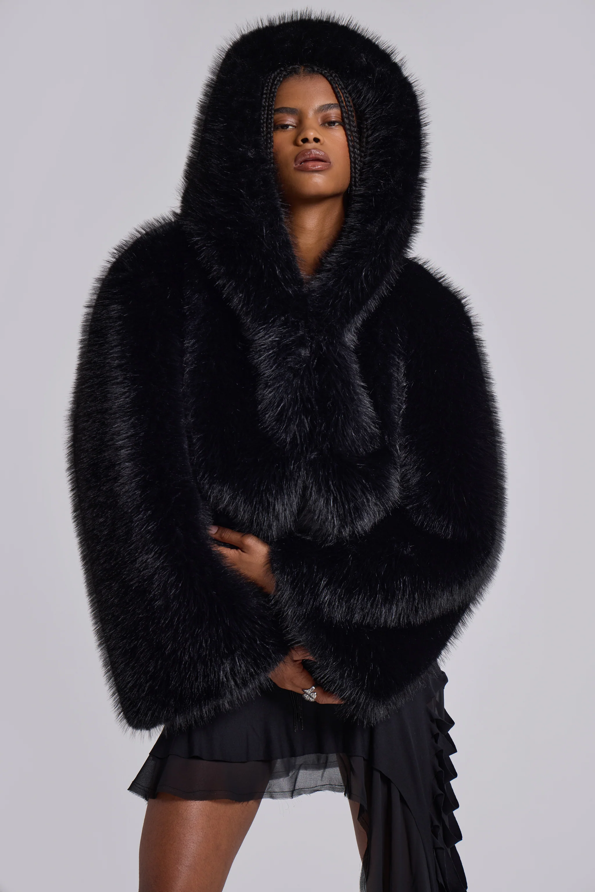 Mara Oversized Faux Fur Coat in Black - Image 9