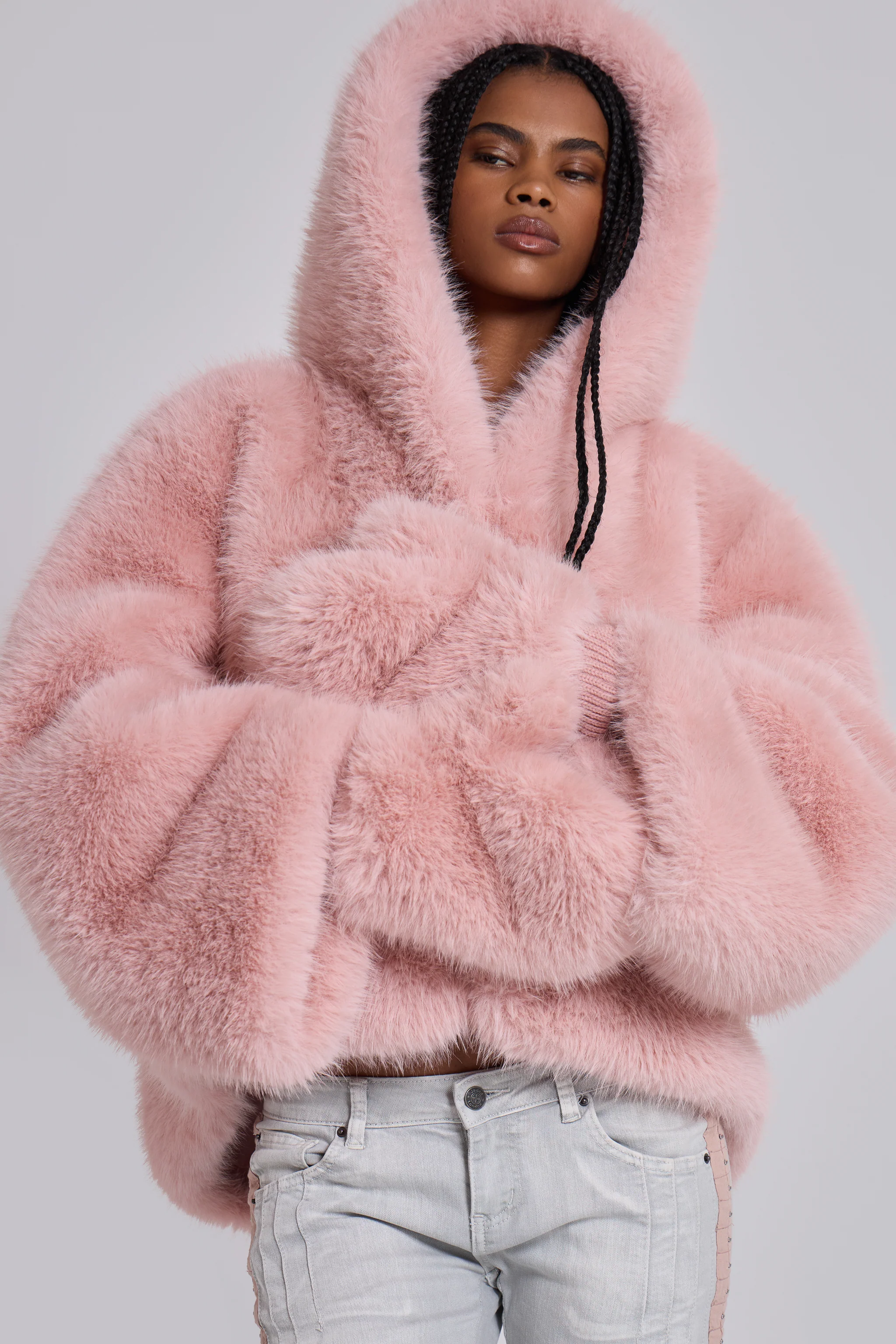Mara Oversized Faux Fur Coat in Pink - Image 4