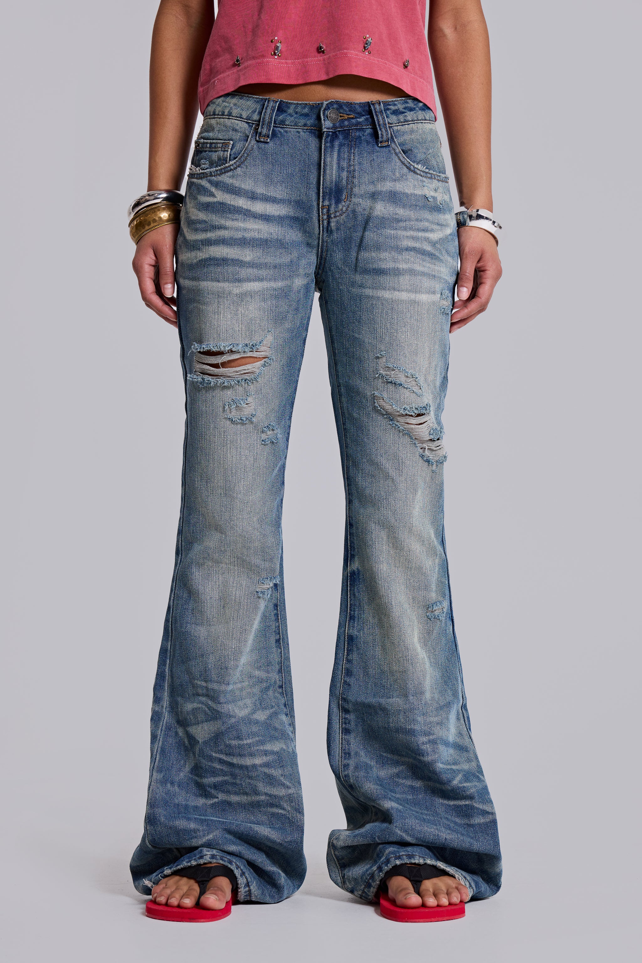 Mid Blue Distressed Creased Drift Flared Jeans - Image 2