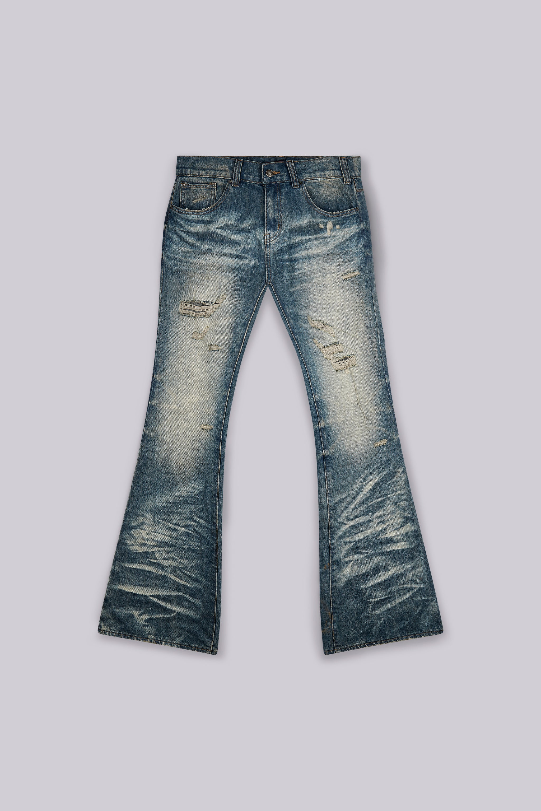 Mid Blue Distressed Creased Drift Bootcut Jeans - Image 2
