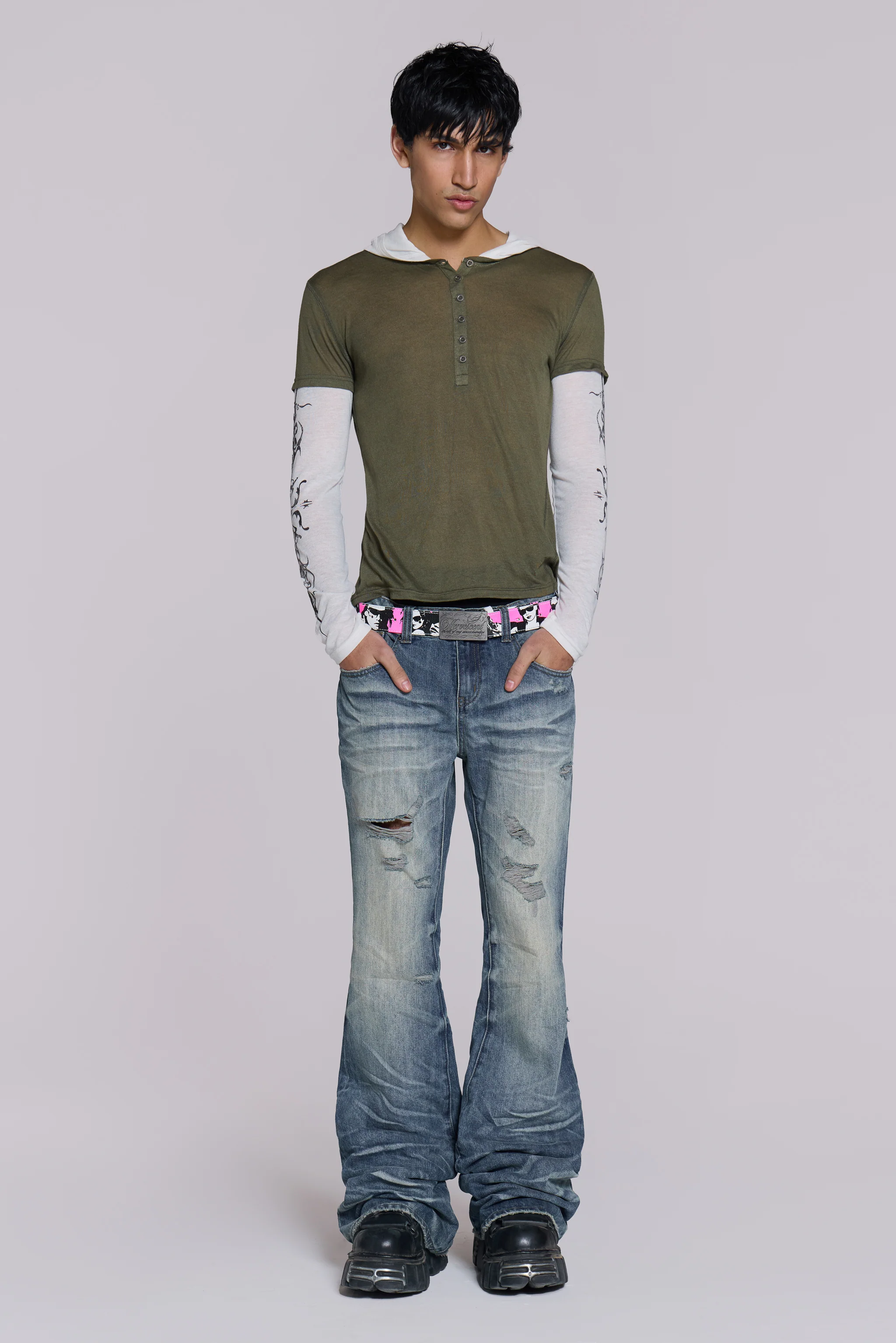 Mid Blue Distressed Creased Drift Bootcut Jeans - Image 8