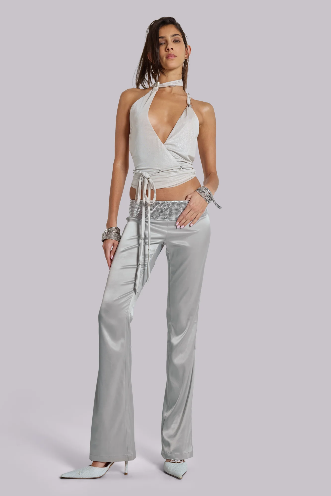 Nivi Chainmail Satin Trousers in Silver - Image 13
