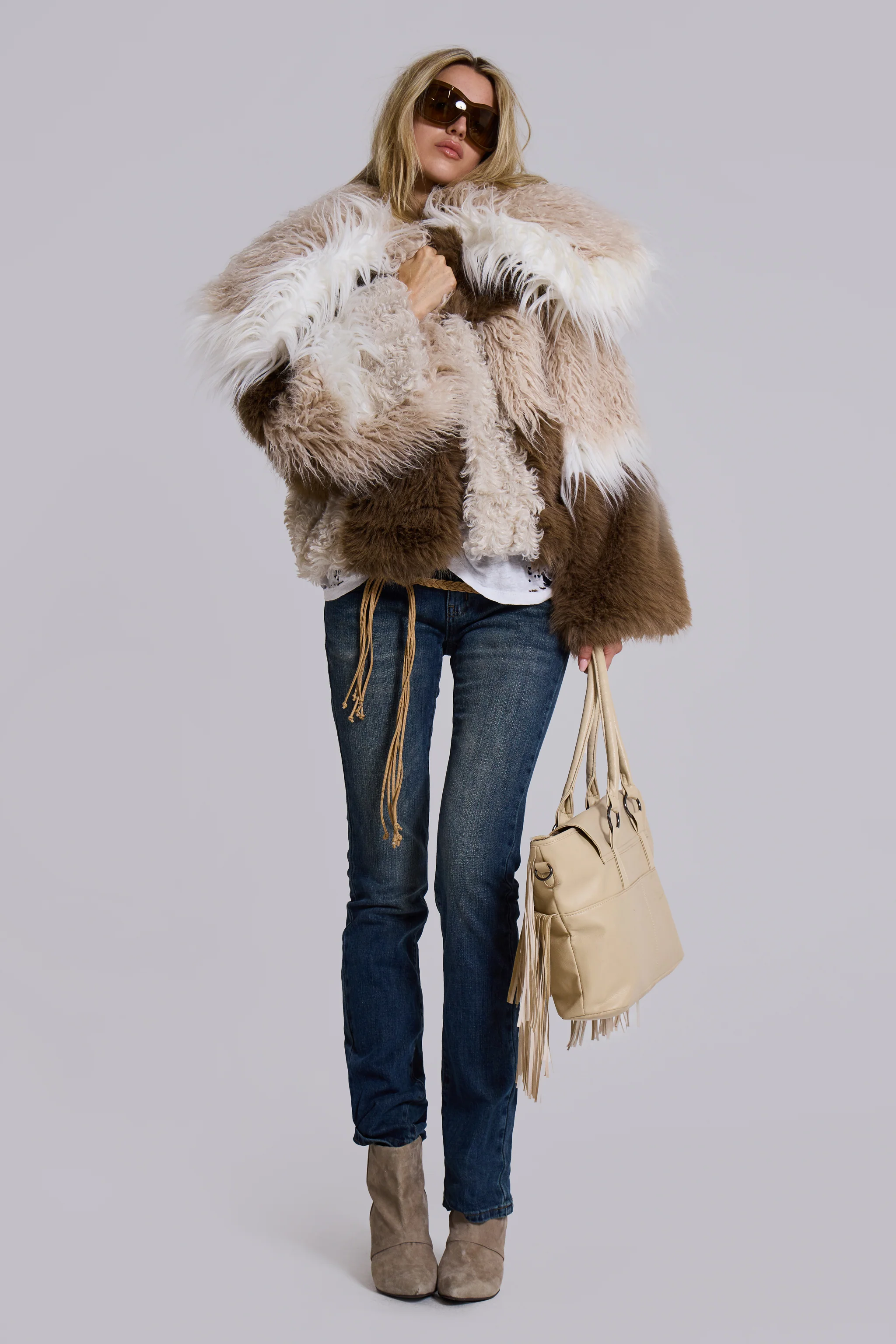 Oksana Patchwork Faux Fur Coat in Beige - Image 2