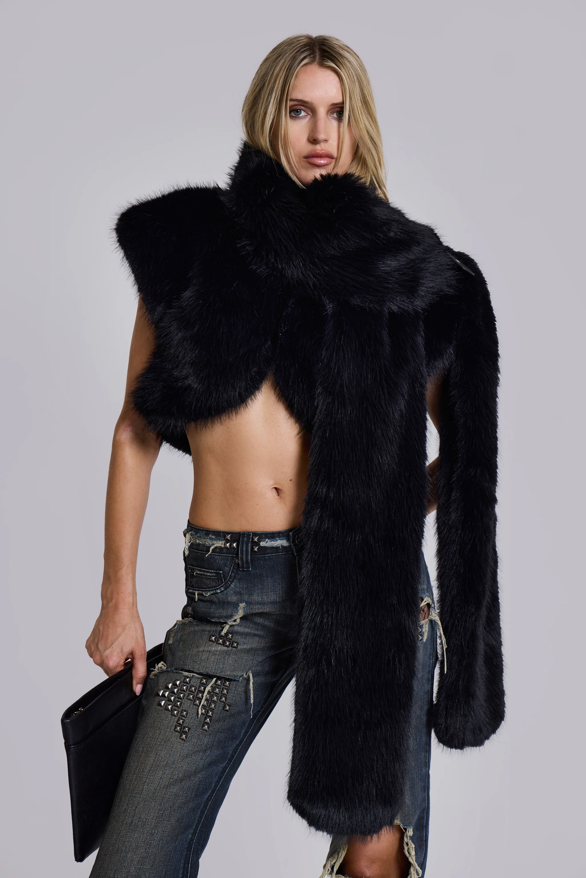 Saskia 2-in-1 Faux Fur Shrug in Black - Image 3