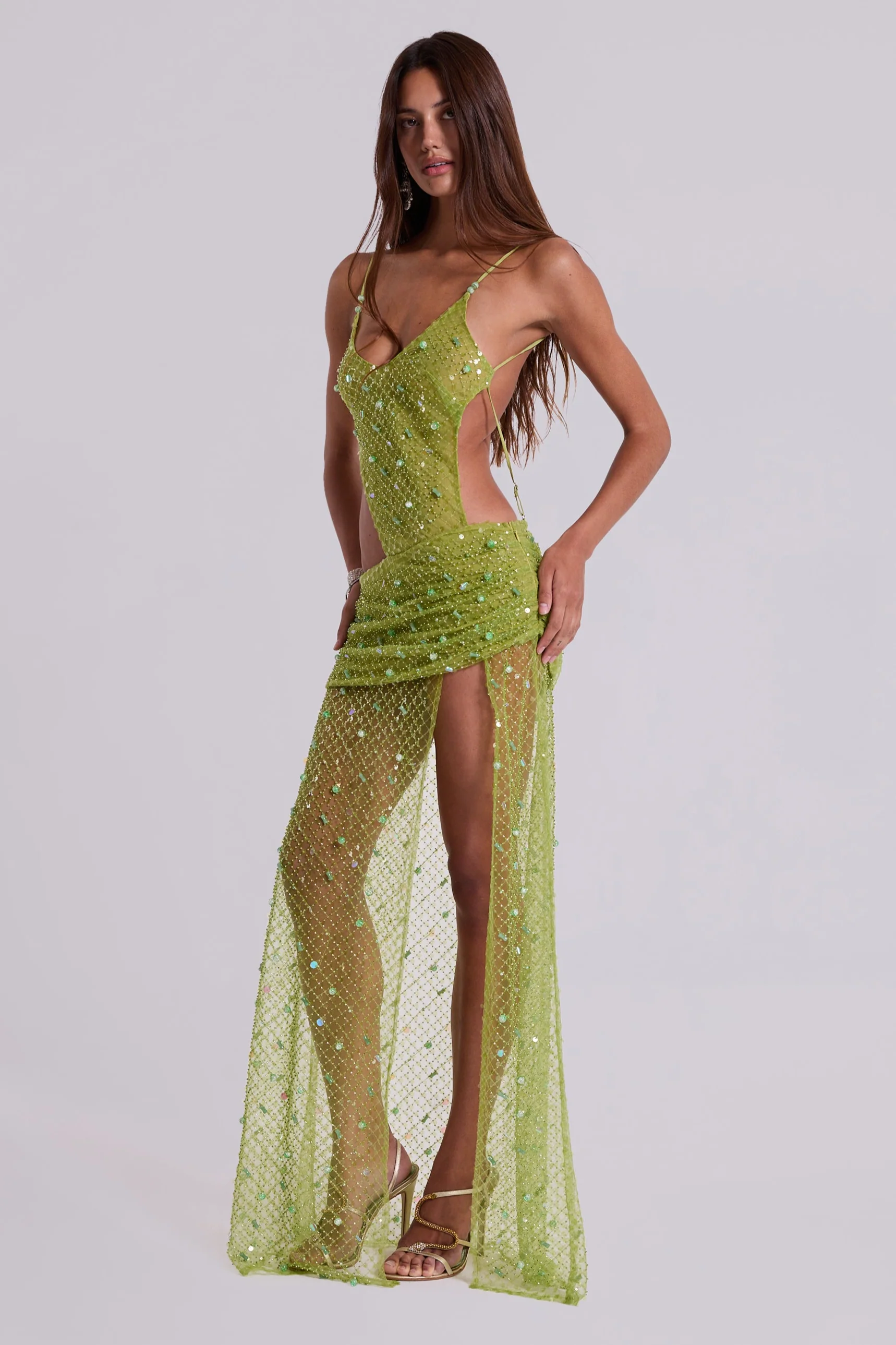 Stellar Asymmetric Hand Beaded Maxi Dress in Lime - Image 4